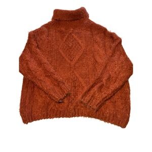 MAIN STRIP Fuzzy Knit Turtleneck Sweater Rust Orange Cable‎ Knit Cozy M L